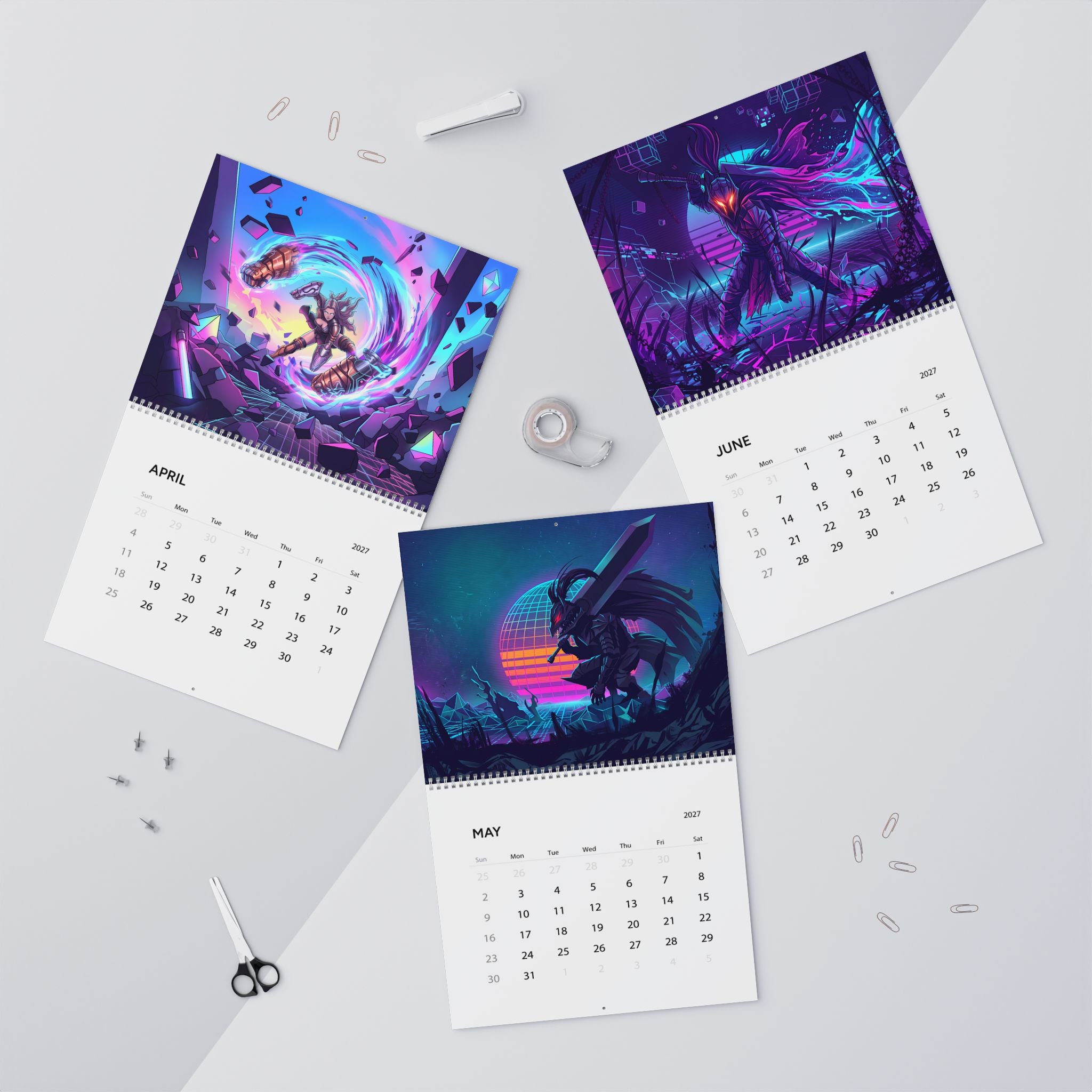 2027 Retro Futuristic Fantasy Wall Calendar – Vaporwave Neon Artwork Collection