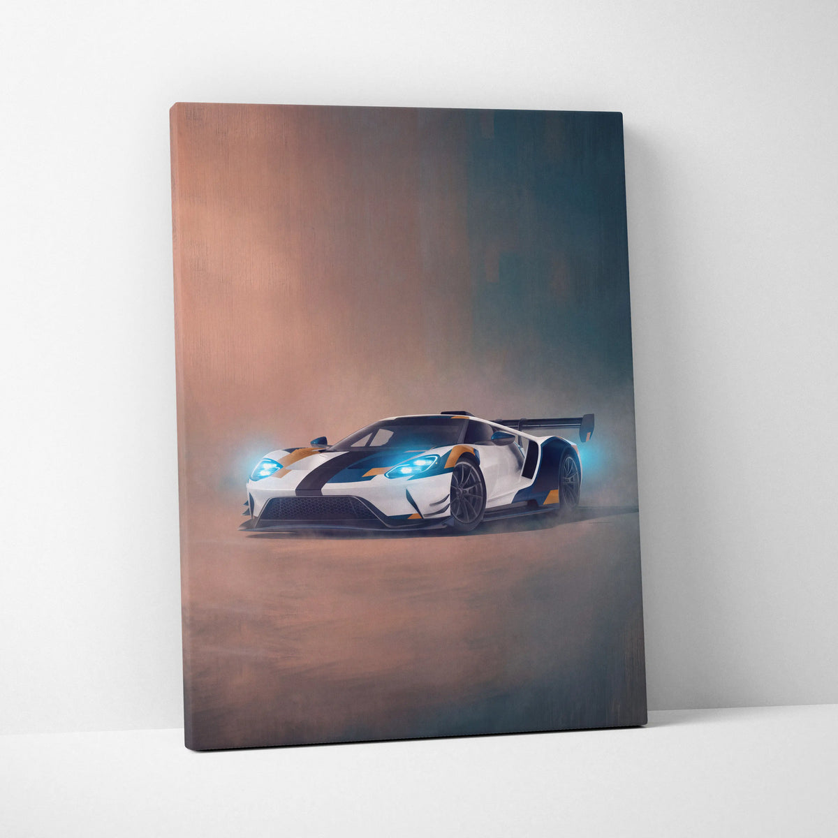 Ford gt inspired supercar canvas art featuring sleek white and black race car with glowing blue headlights on wall print