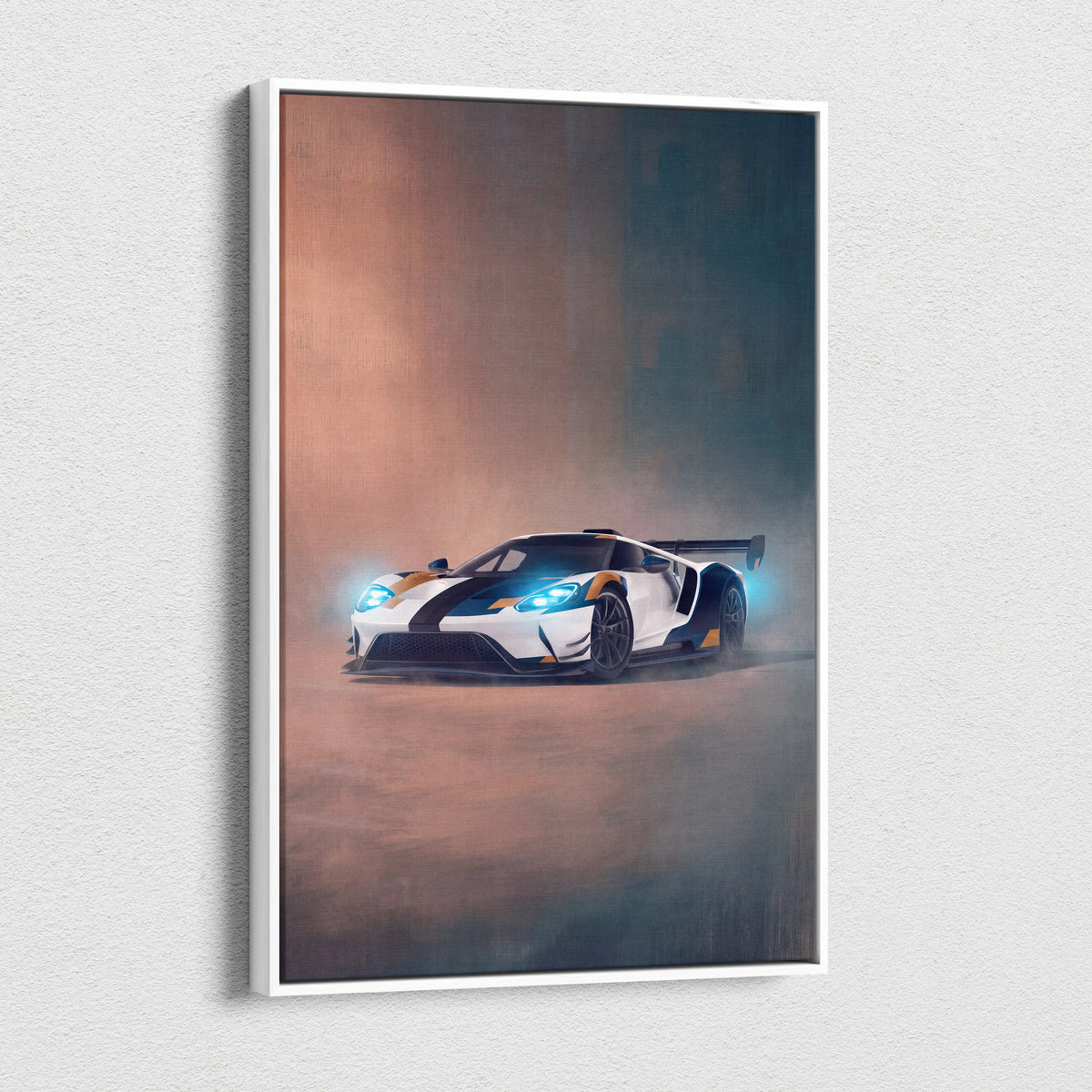 Ford gt inspired supercar canvas art featuring white and black racing car with glowing blue headlights in white frame