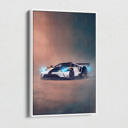 Ford gt inspired supercar canvas art featuring white and black racing car with glowing blue headlights in white frame