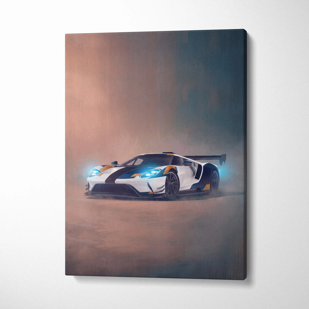 White and black Ford GT inspired supercar canvas art with blue glowing headlights and sleek aerodynamic design