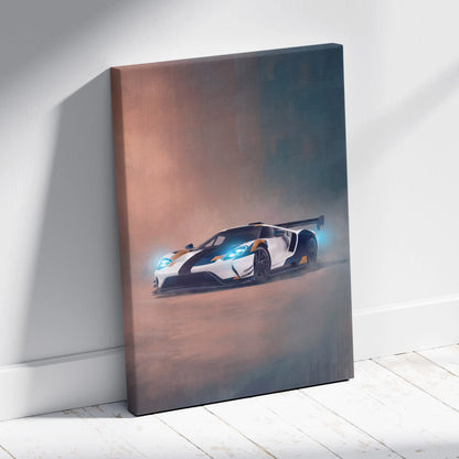 White and black ford gt racing car canvas art print with glowing blue headlights for custom car wall decor