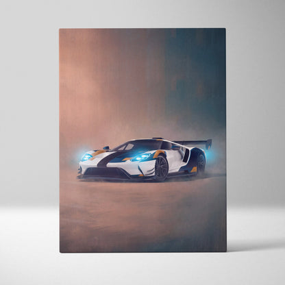 White and black ford gt racing car with glowing blue headlights on a canvas print for custom car wall art