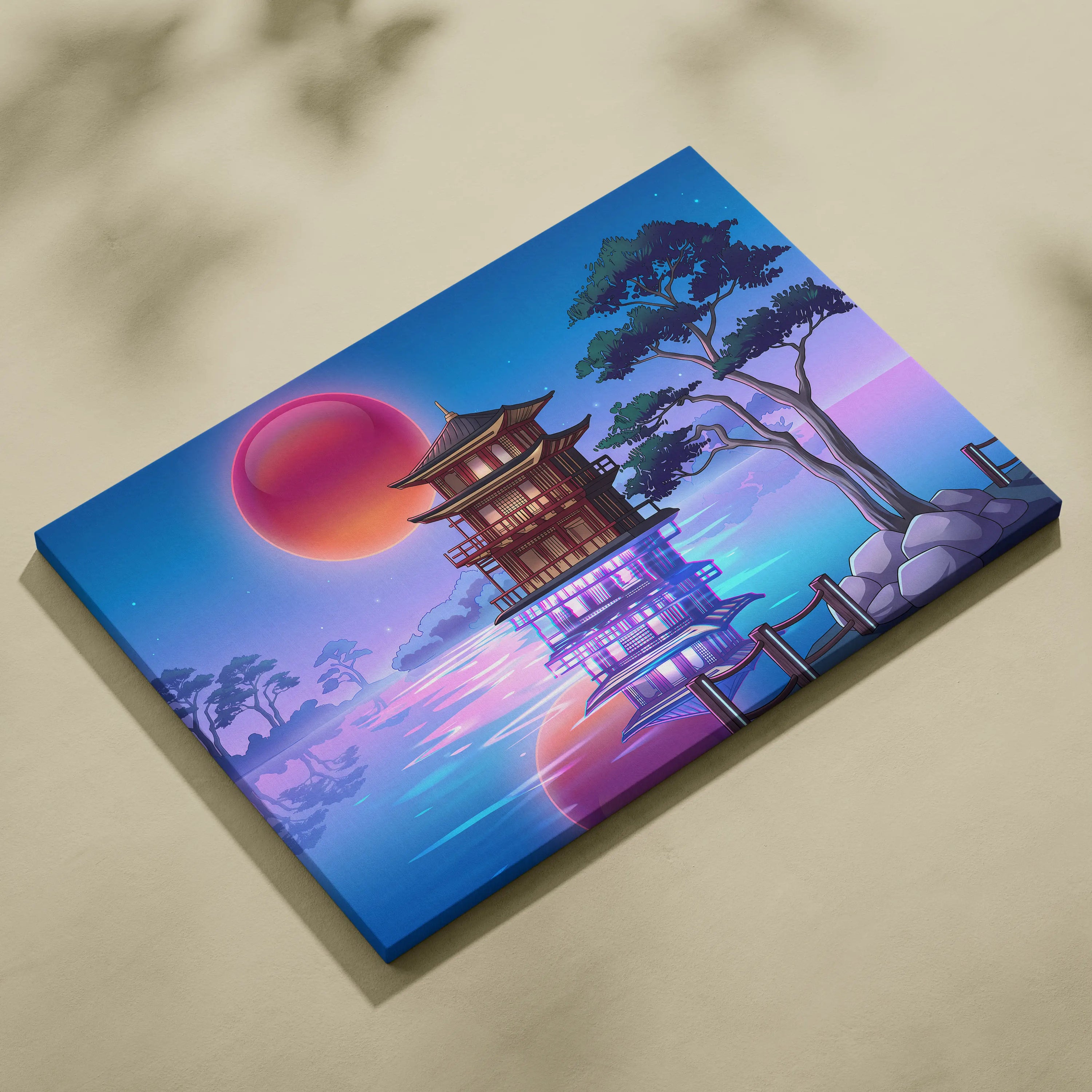 Vaporwave Sakura Sunset Canvas - Japanese Vaporwave Landscape Neon Pink Blue Living Room Decor Futurism Canvas