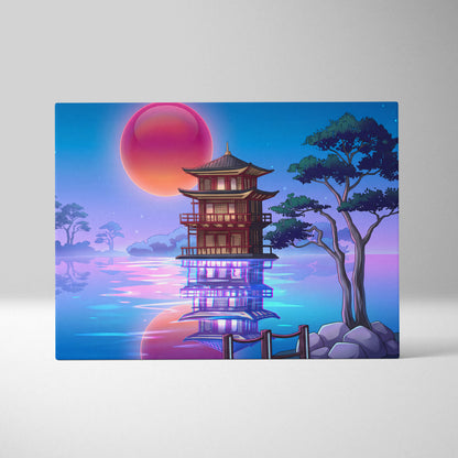 Vaporwave Sakura Sunset Canvas - Japanese Vaporwave Landscape Neon Pink Blue Living Room Decor Futurism Canvas