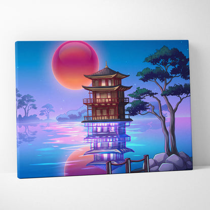 Vaporwave Sakura Sunset Canvas - Japanese Vaporwave Landscape Neon Pink Blue Living Room Decor Futurism Canvas