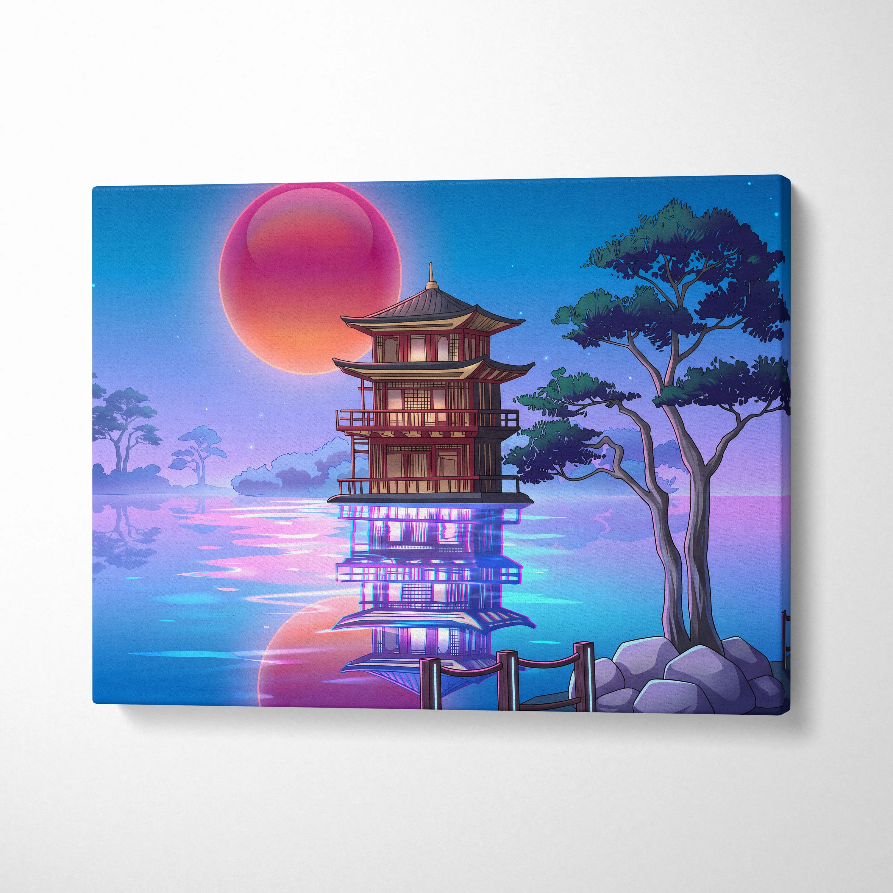 Vaporwave Sakura Sunset Canvas - Japanese Vaporwave Landscape Neon Pink Blue Living Room Decor Futurism Canvas