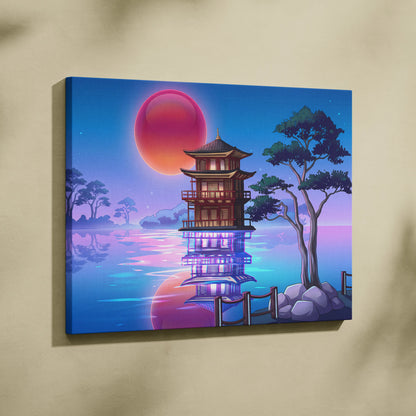 Vaporwave Sakura Sunset Canvas - Japanese Vaporwave Landscape Neon Pink Blue Living Room Decor Futurism Canvas