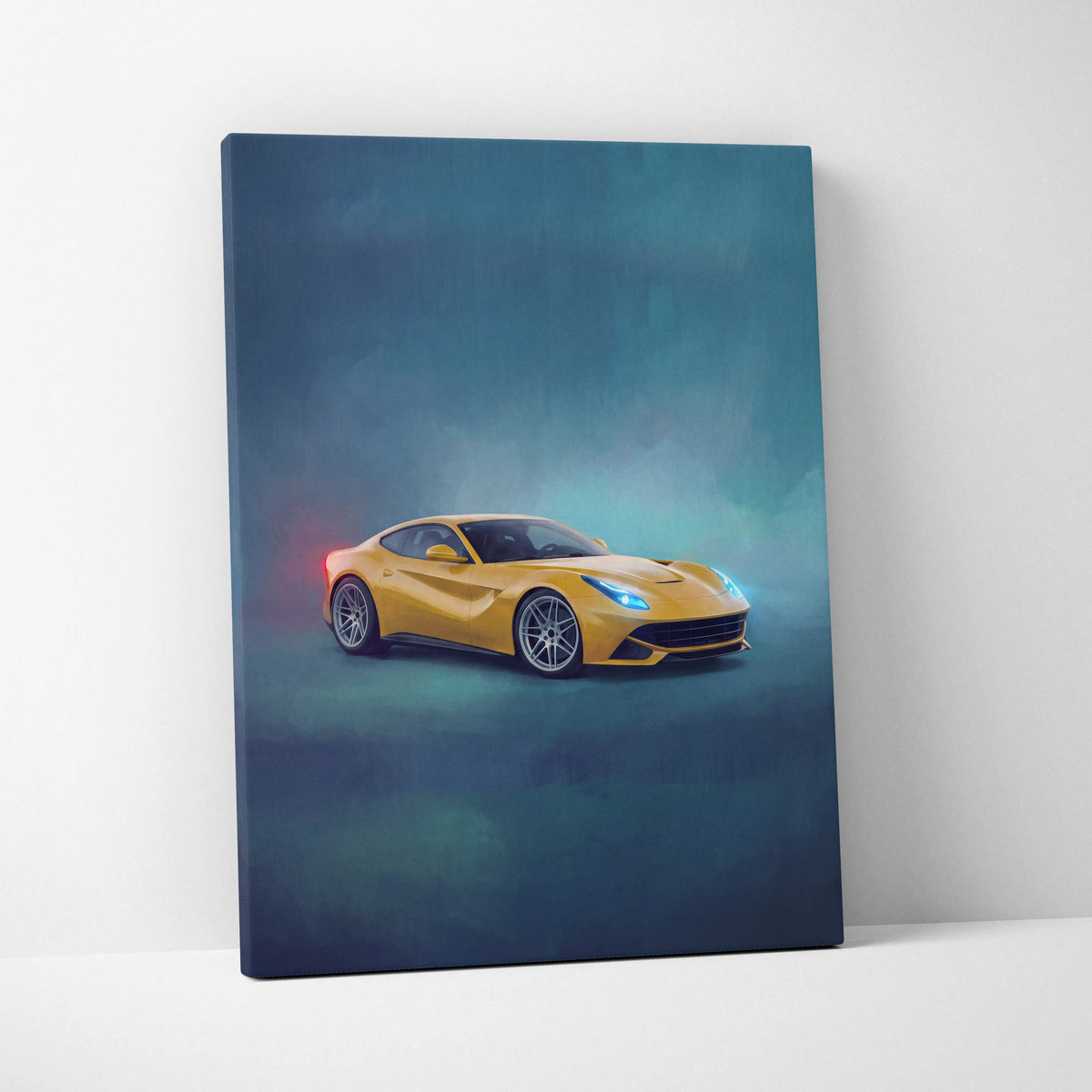 Yellow ferrari f12berlinetta sports car canvas wall art with glowing blue headlights and red taillight accents