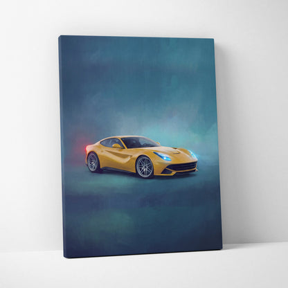 Yellow ferrari f12berlinetta sports car canvas wall art with glowing blue headlights and red taillight accents