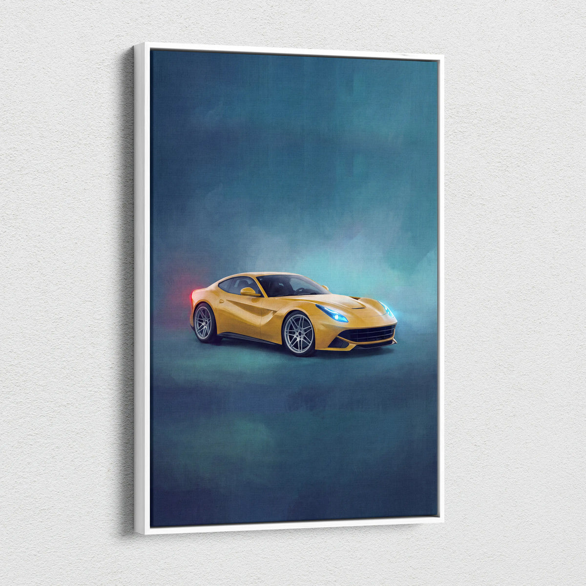 Yellow Ferrari f12 berlinetta sports car illustration on a white-framed canvas print for wall art decor