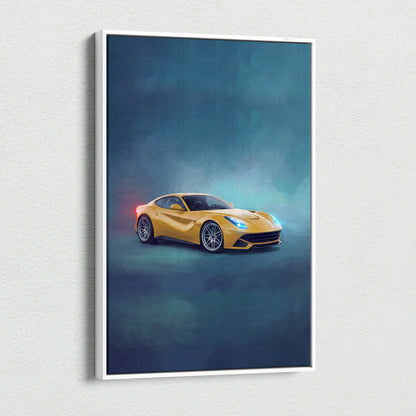 Yellow Ferrari f12 berlinetta sports car illustration on a white-framed canvas print for wall art decor