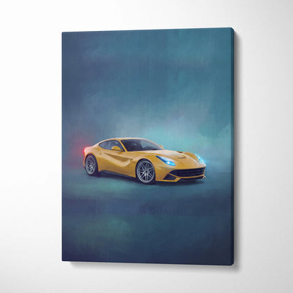Vibrant yellow ferrari f12 berlinetta sports car illustration on canvas wall art track edition painting print