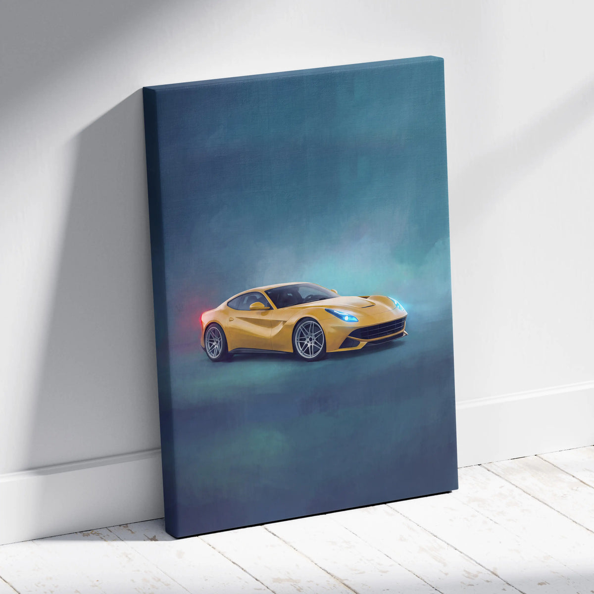 Yellow Ferrari F12berlinetta sports car canvas print featuring track edition inspired car wall art painting
