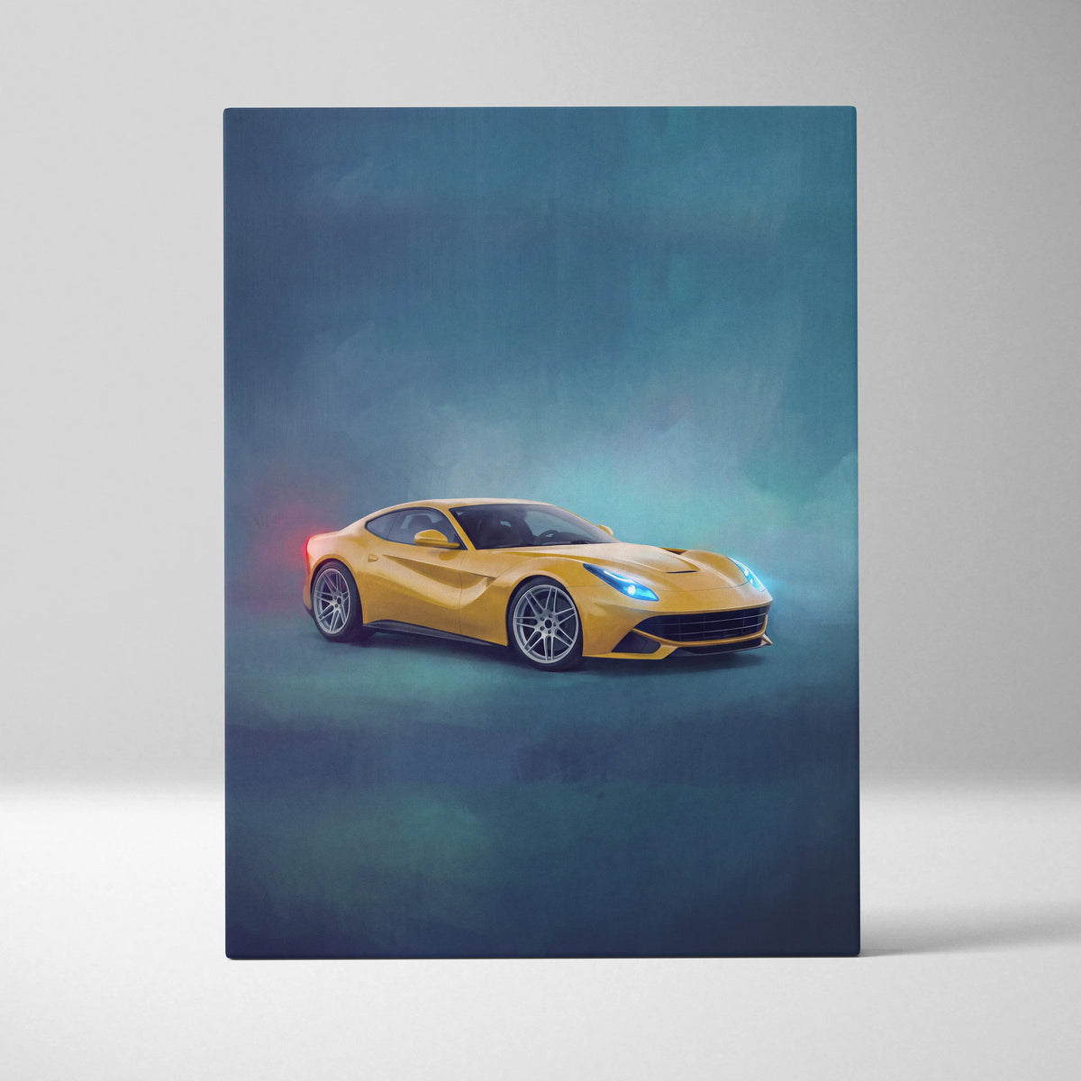 Vibrant yellow Ferrari f12 berlinetta sports car illustration on canvas for wall art track edition print