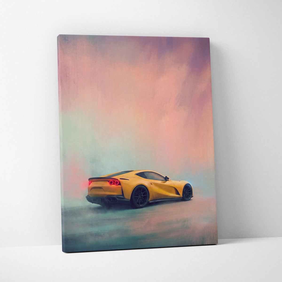 Ferrari 812 superfast inspired canvas art featuring a vibrant yellow sports car with glowing red taillights on pastel sky