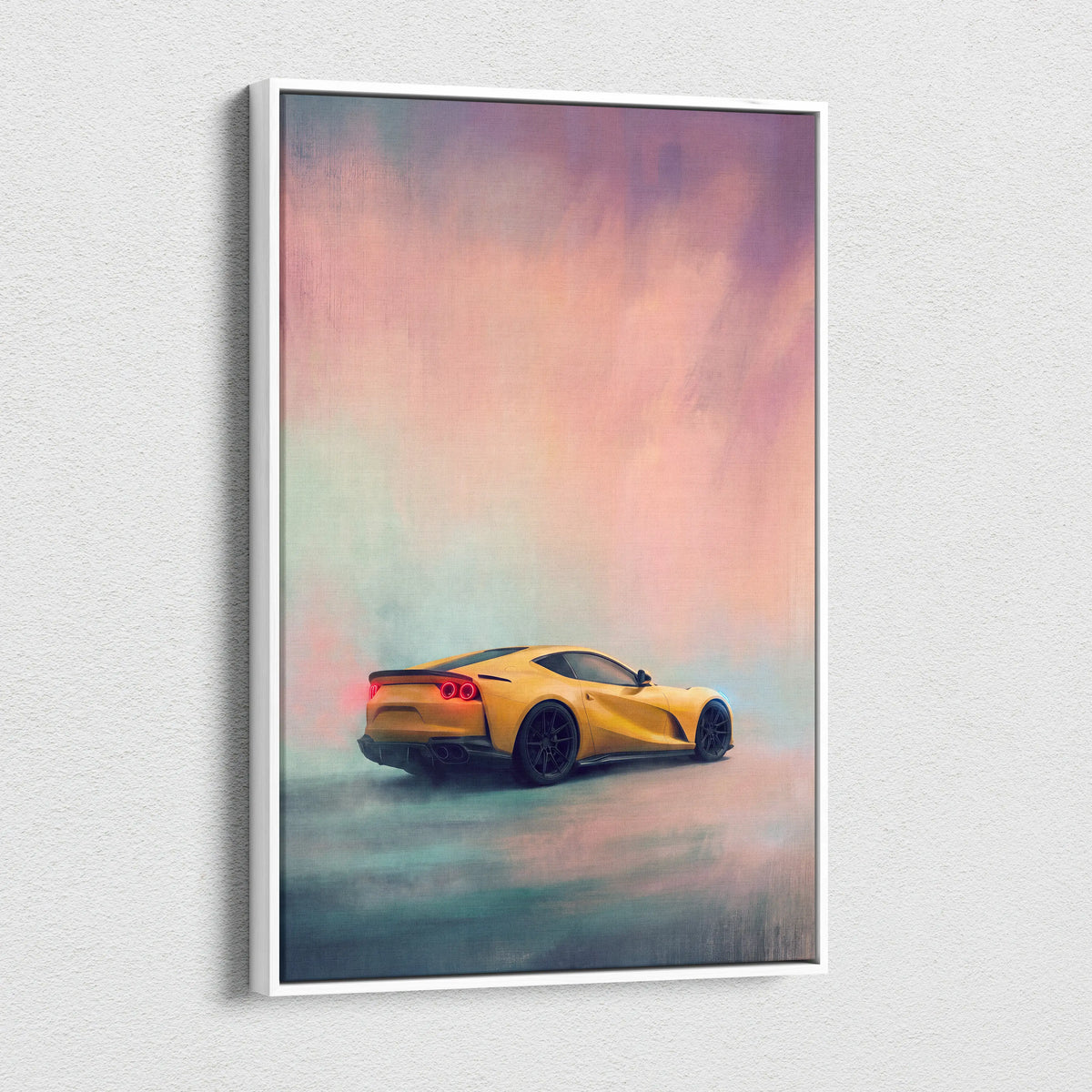 Ferrari 812 superfast inspired yellow sports car canvas art with stylized clouds and mist premium wall decor
