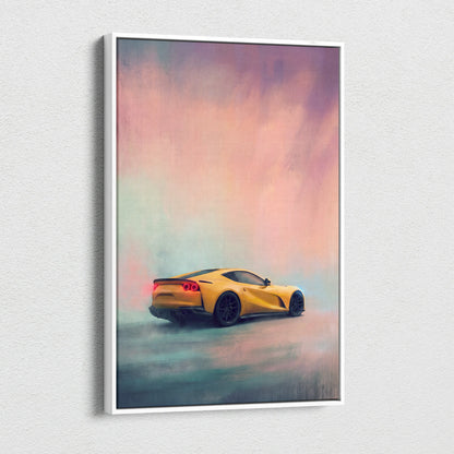 Ferrari 812 superfast inspired yellow sports car canvas art with stylized clouds and mist premium wall decor
