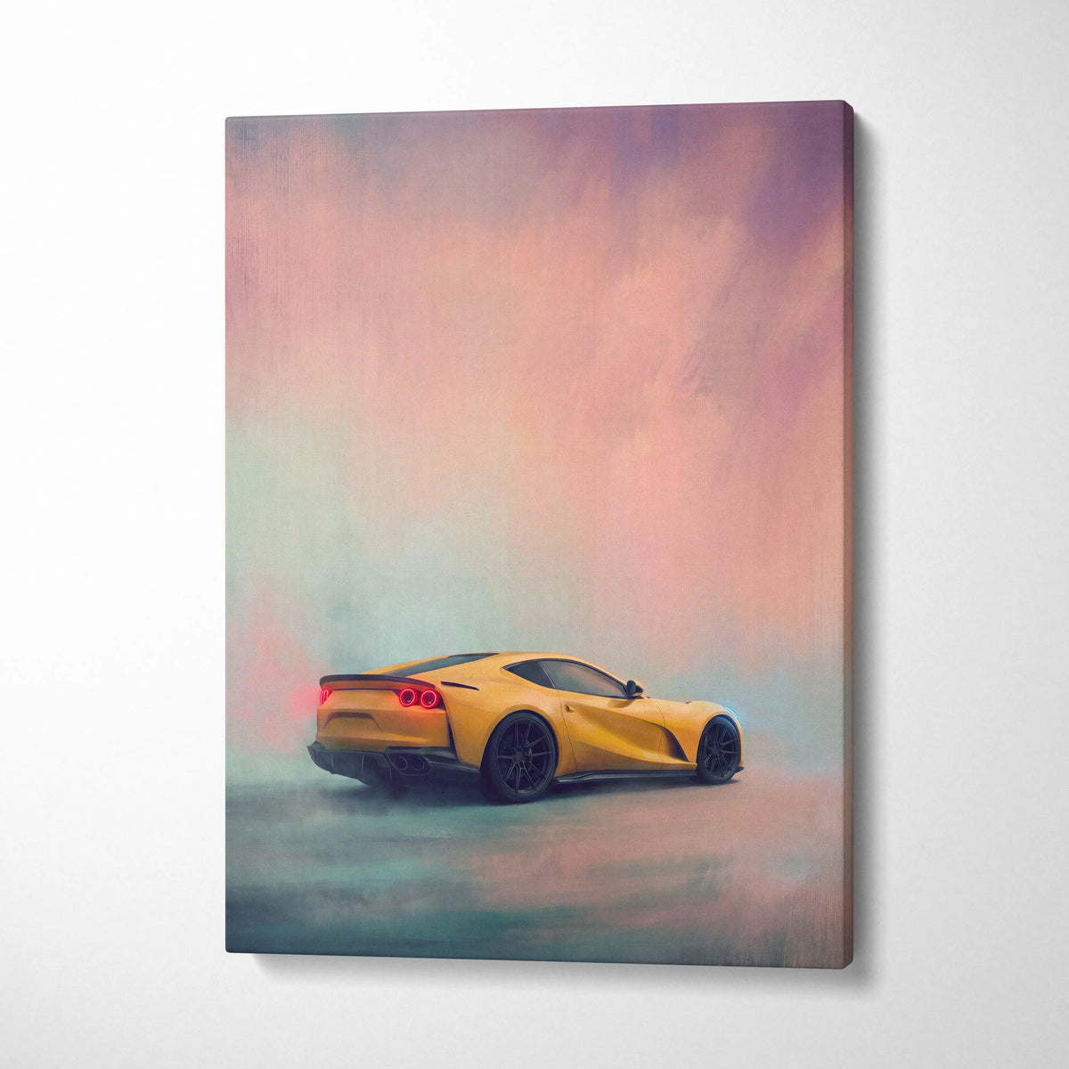 Vibrant yellow ferrari 812 superfast inspired canvas art with glowing red taillights and sleek black wheels for wall decor