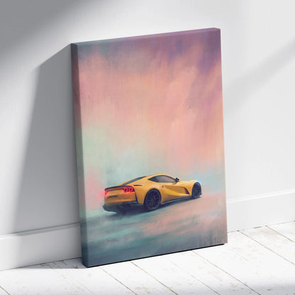 Yellow sports car on canvas with soft pastel sky and misty ground ferrari 812 superfast inspired wall decor