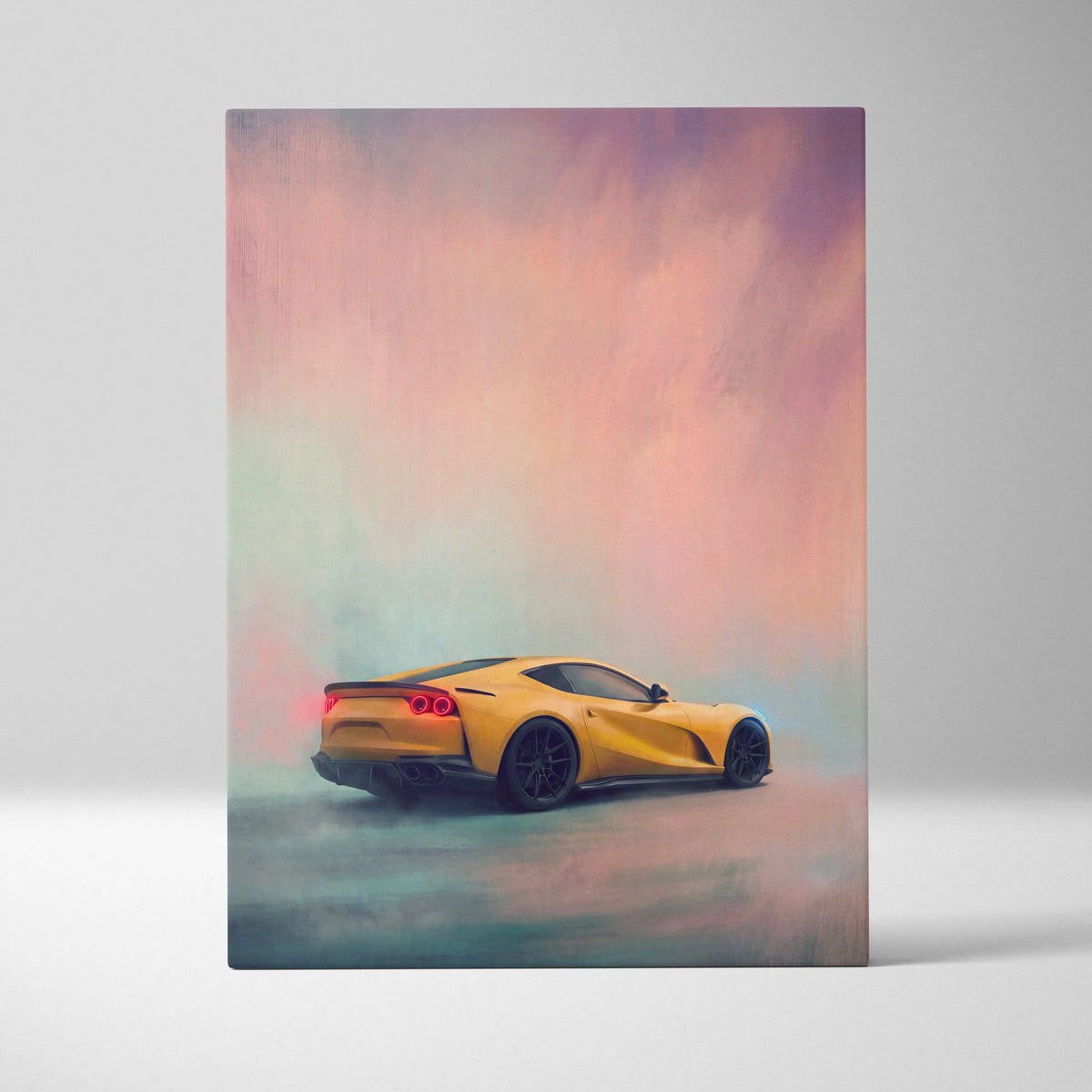 Vibrant yellow ferrari 812 superfast inspired canvas art with glowing red taillights and black wheels for wall decor
