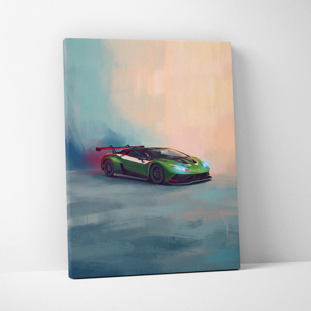 Lamborghini Huracán STO GT3 inspired car wall art featuring vibrant green black and red track edition canvas painting print