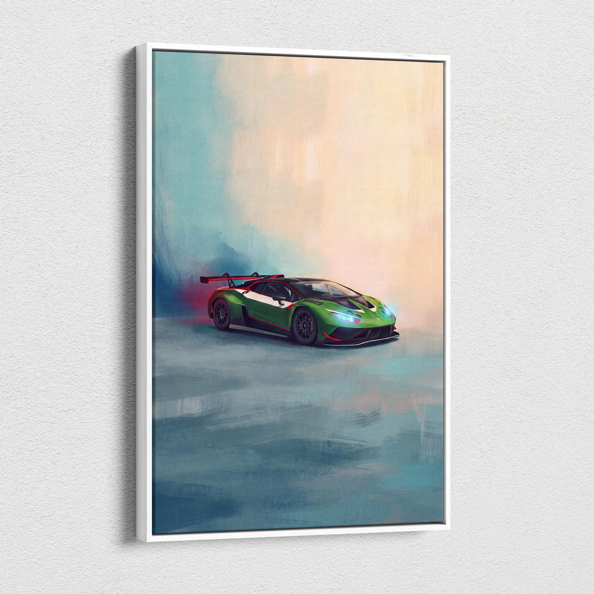Green and black Lamborghini Huracán STO GT3 inspired canvas painting with red rear wing accents for car wall art