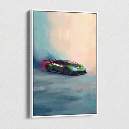 Green and black Lamborghini Huracán STO GT3 inspired canvas painting with red rear wing accents for car wall art
