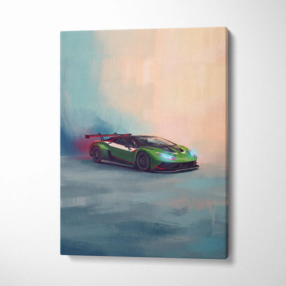 Lamborghini Huracán STO GT3 inspired track edition canvas painting print features vibrant green car with red accents and rear wing