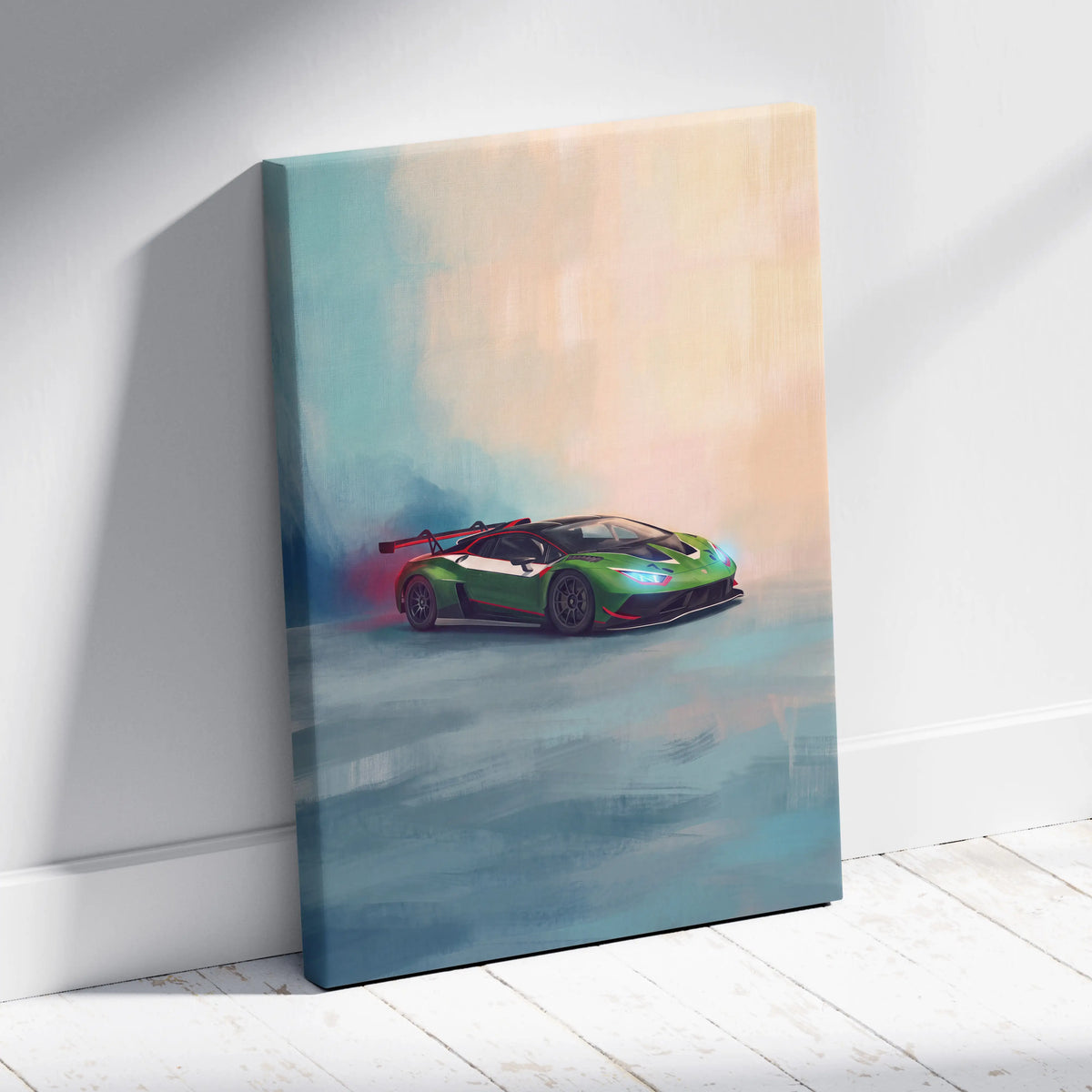 A vibrant green Lamborghini Huracán with red accents and rear wing on a track edition canvas painting print