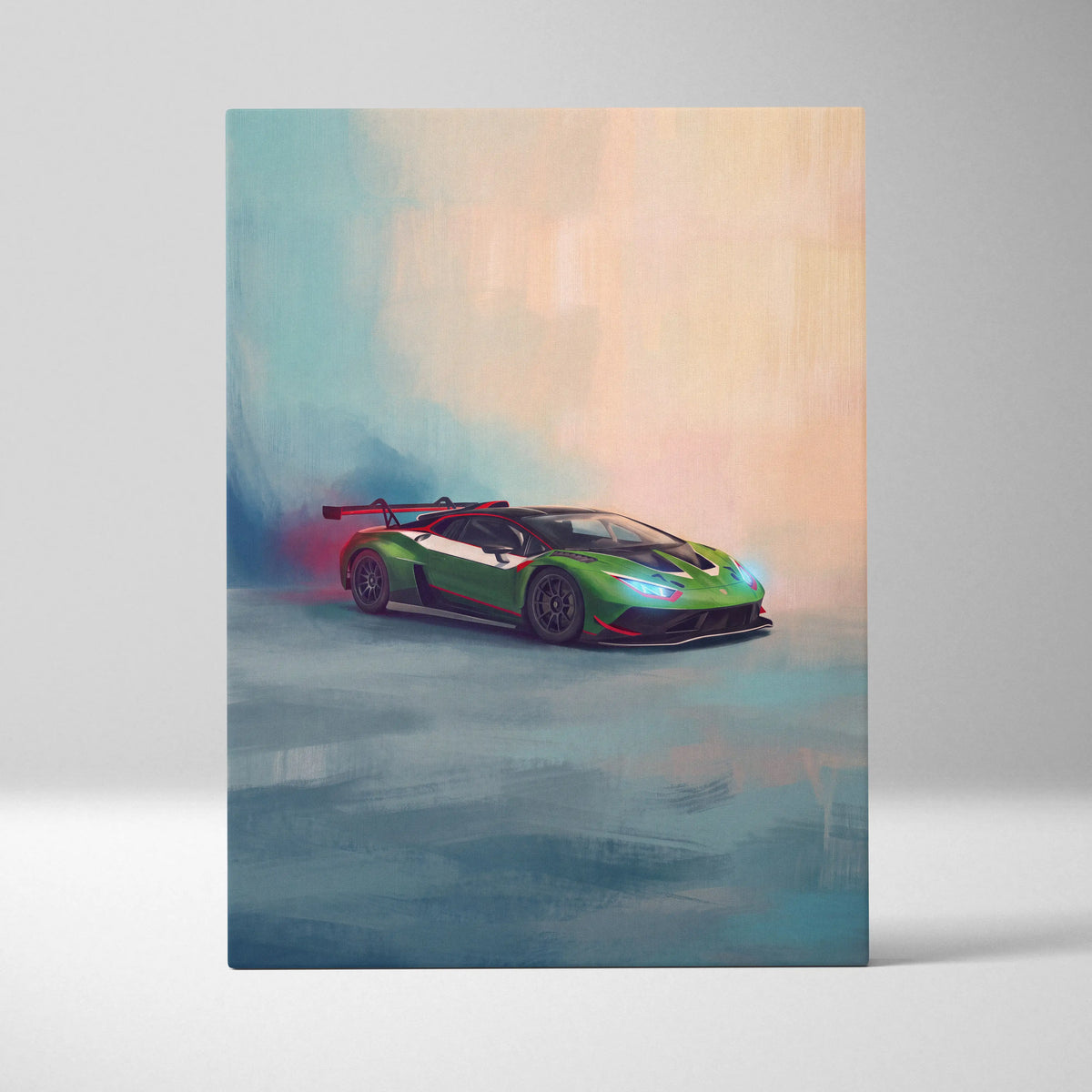 Lamborghini huracán sto gt3 inspired wall art featuring vibrant green and black race car on canvas print