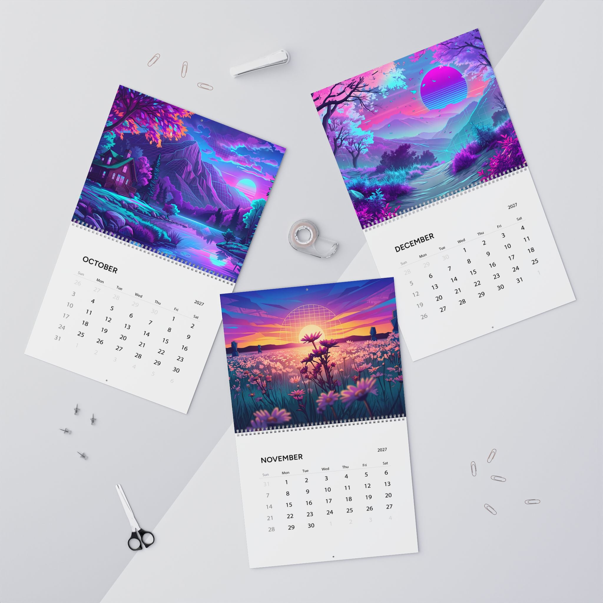 2027 Vaporwave Artwork Wall Calendar – Colorful Retro Futuristic Artwork