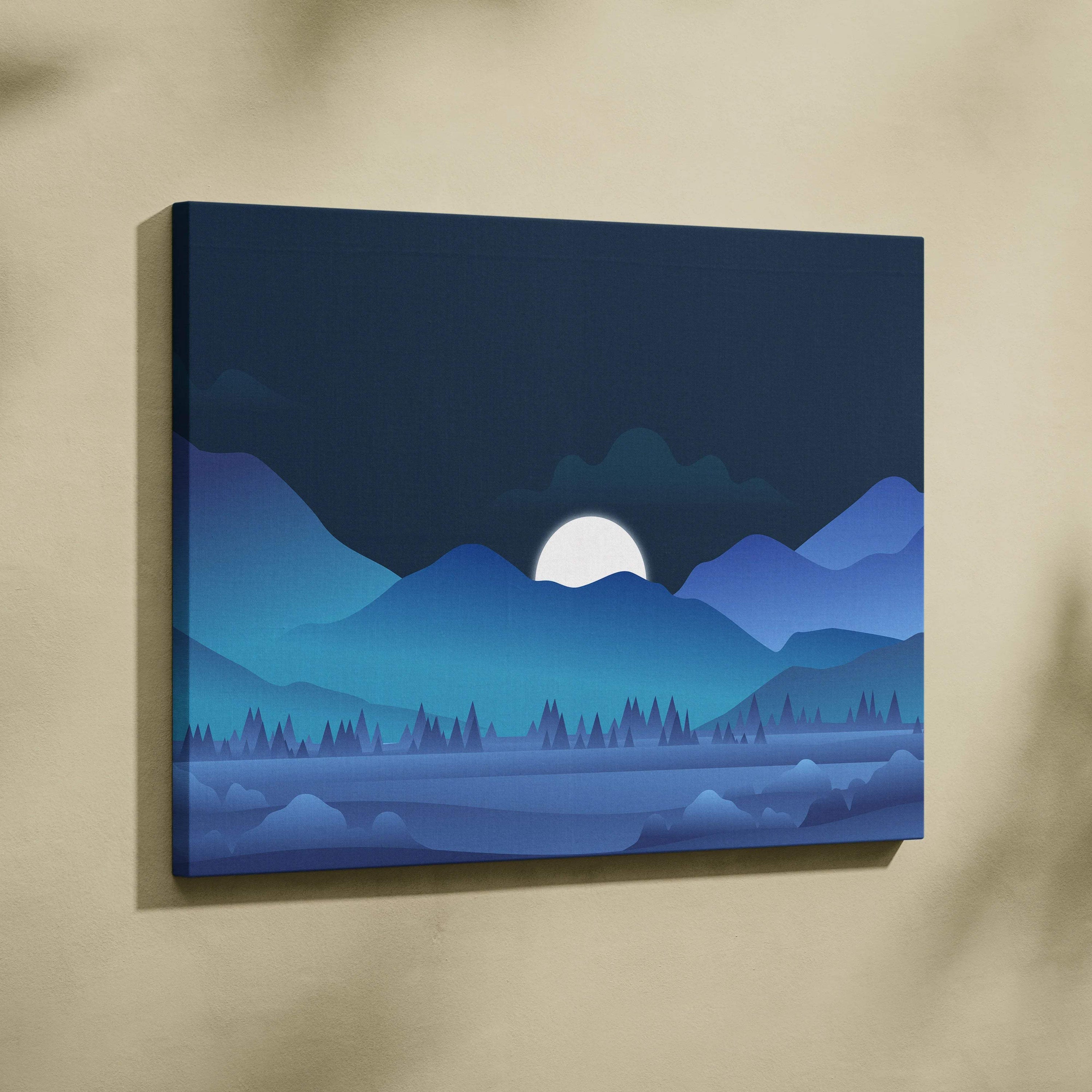 Moonrise over blue mountain layers minimalist night landscape canvas