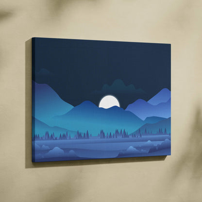 Moonrise over blue mountain layers minimalist night landscape canvas