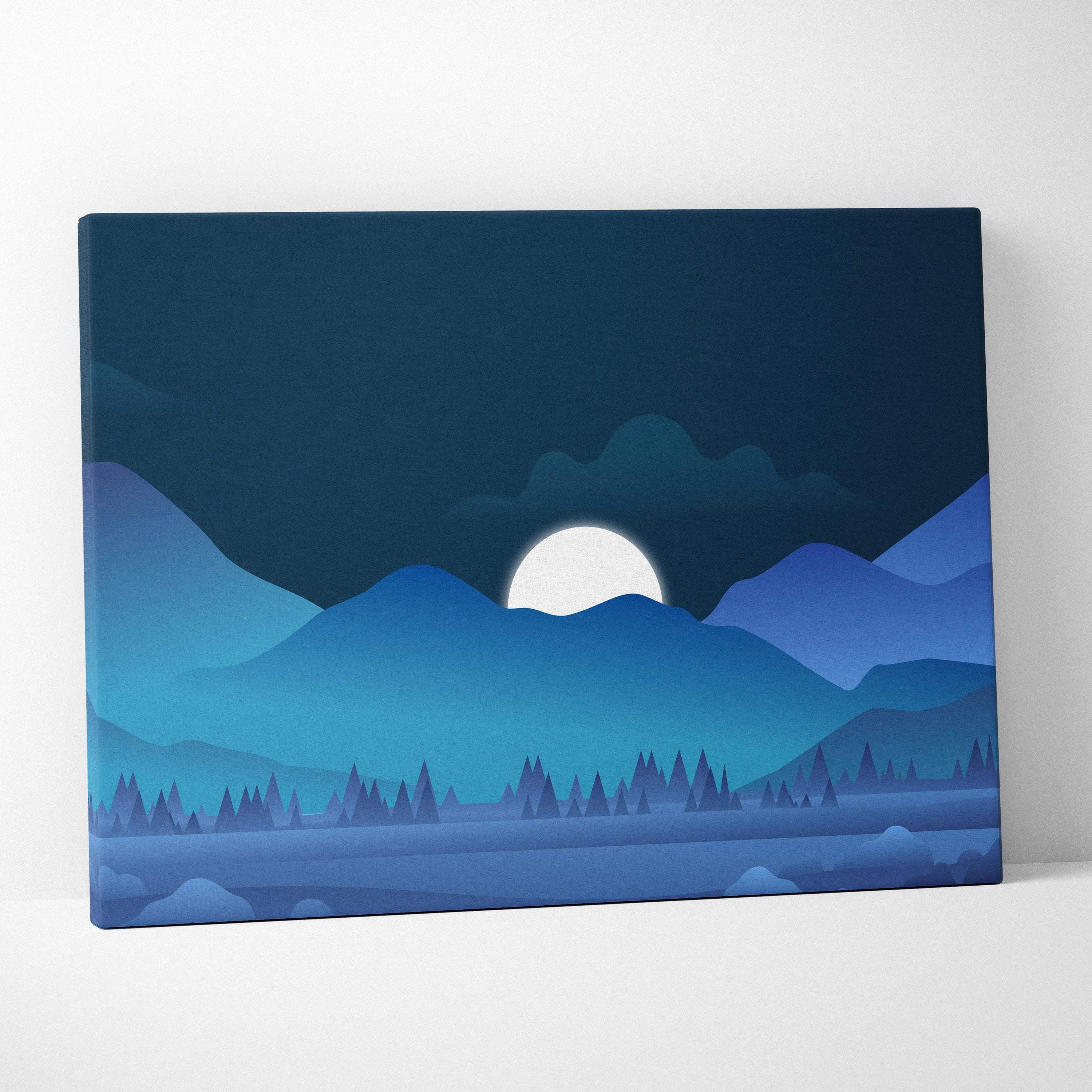Moonrise over blue mountain layers minimalist night landscape canvas