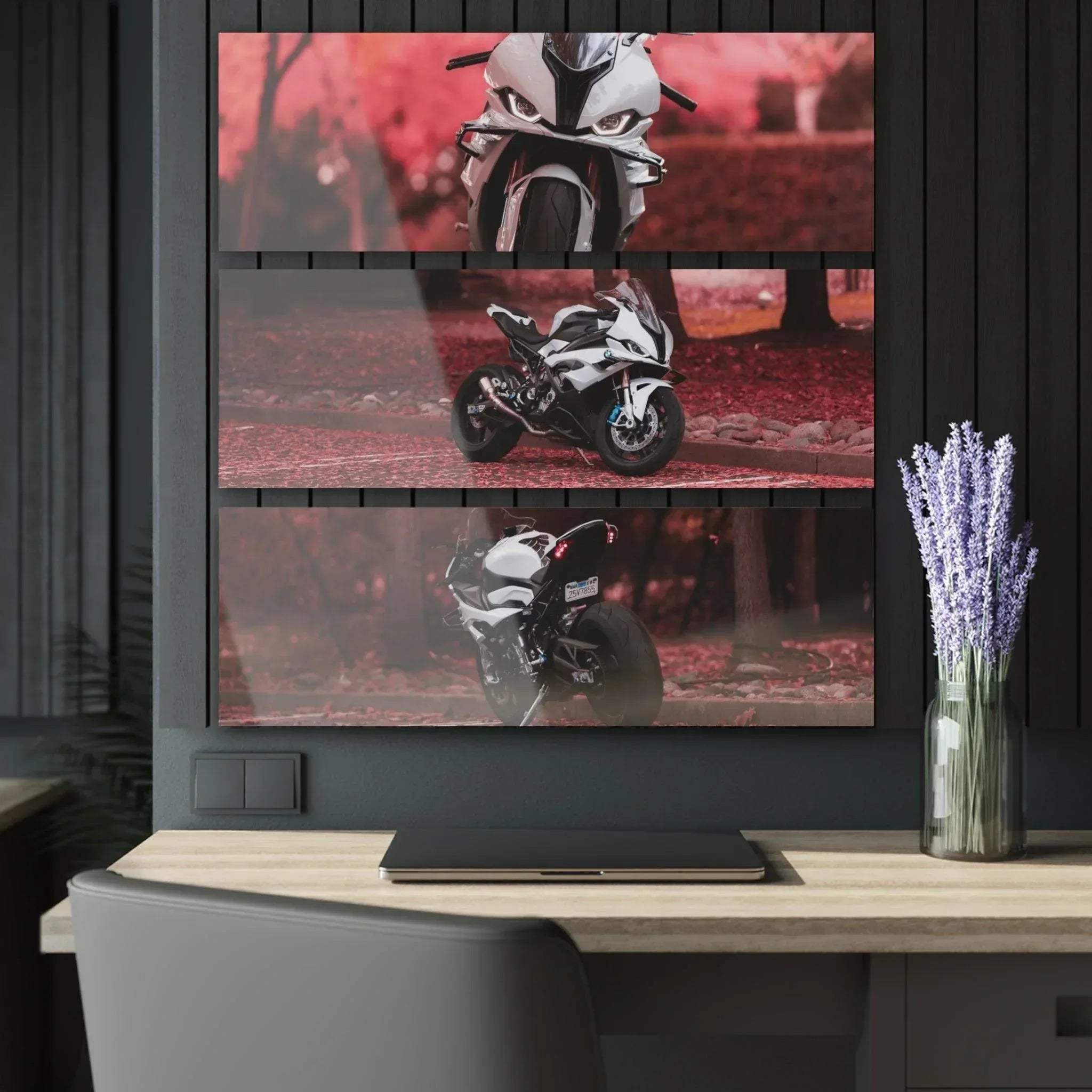 BMW S1000RR motorcycle triptych canvas art with red background, modern wall art on black wall.