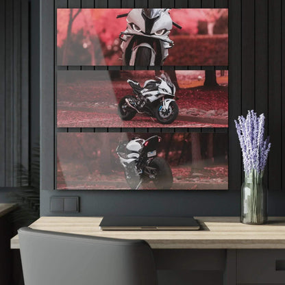 BMW S1000RR motorcycle triptych canvas art with red background, modern wall art on black wall.
