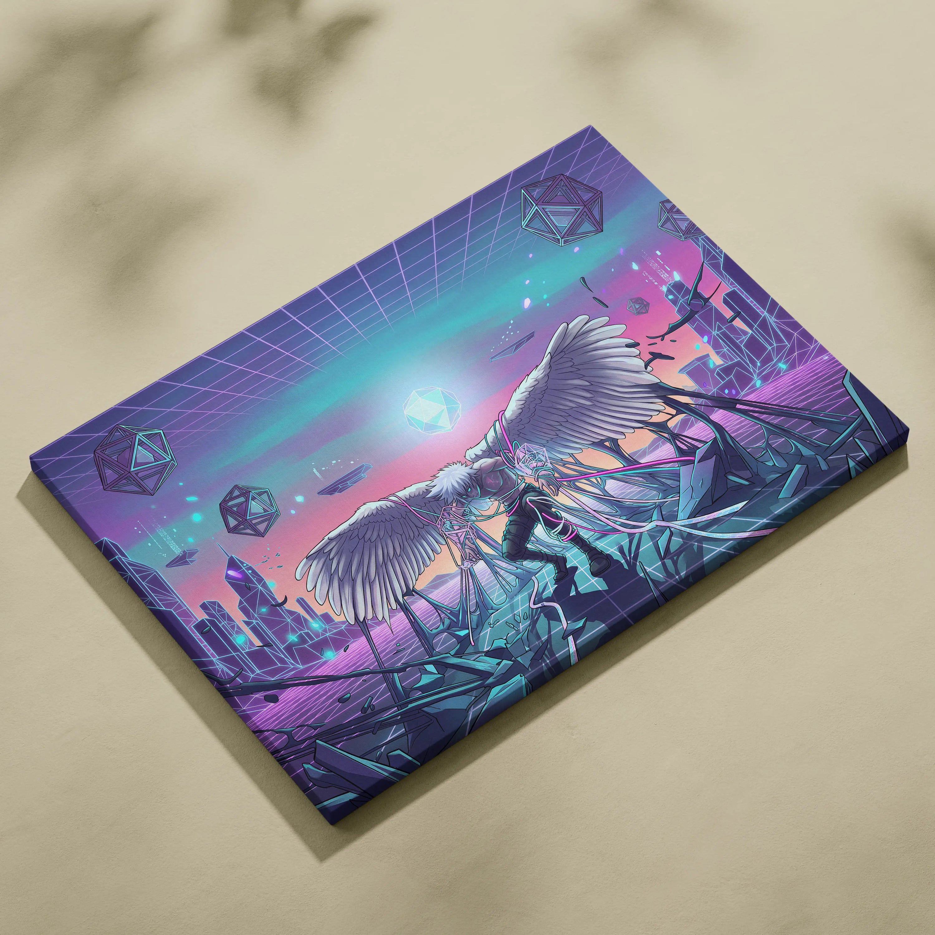 Vaporwave Wings Neon Dream Canvas - Winged Neon Pink Cyan Living Room Vaporwave Dreamy Retro-Futuristic Canvas Print