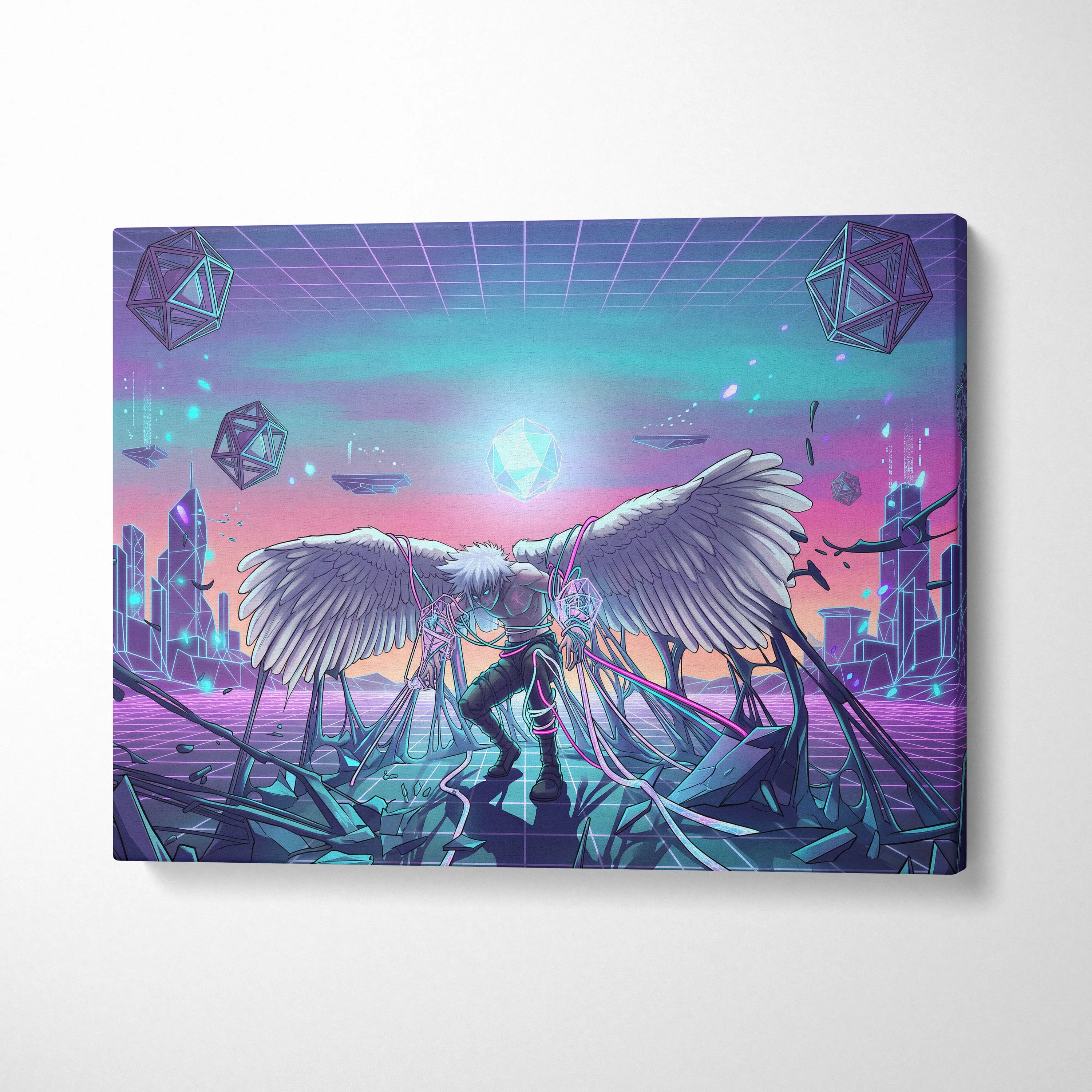 Vaporwave Wings Neon Dream Canvas - Winged Neon Pink Cyan Living Room Vaporwave Dreamy Retro-Futuristic Canvas Print