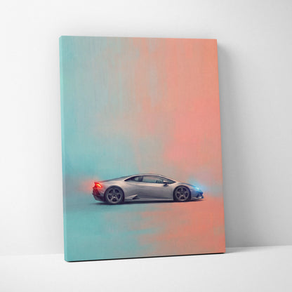 A sleek silver Lamborghini Huracán sports car on a luxury supercar canvas print with teal and orange gradient lighting