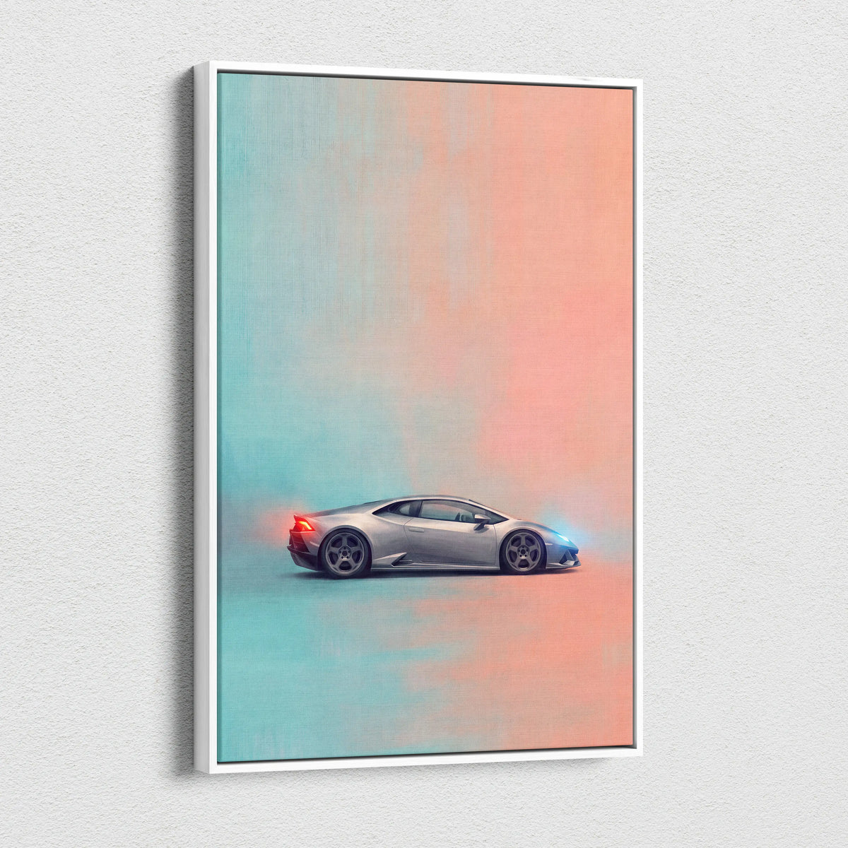 A sleek silver Lamborghini Huracán sports car on a gradient teal and peach modern art canvas print wall art