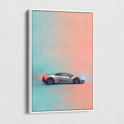 A sleek silver Lamborghini Huracán sports car on a gradient teal and peach modern art canvas print wall art