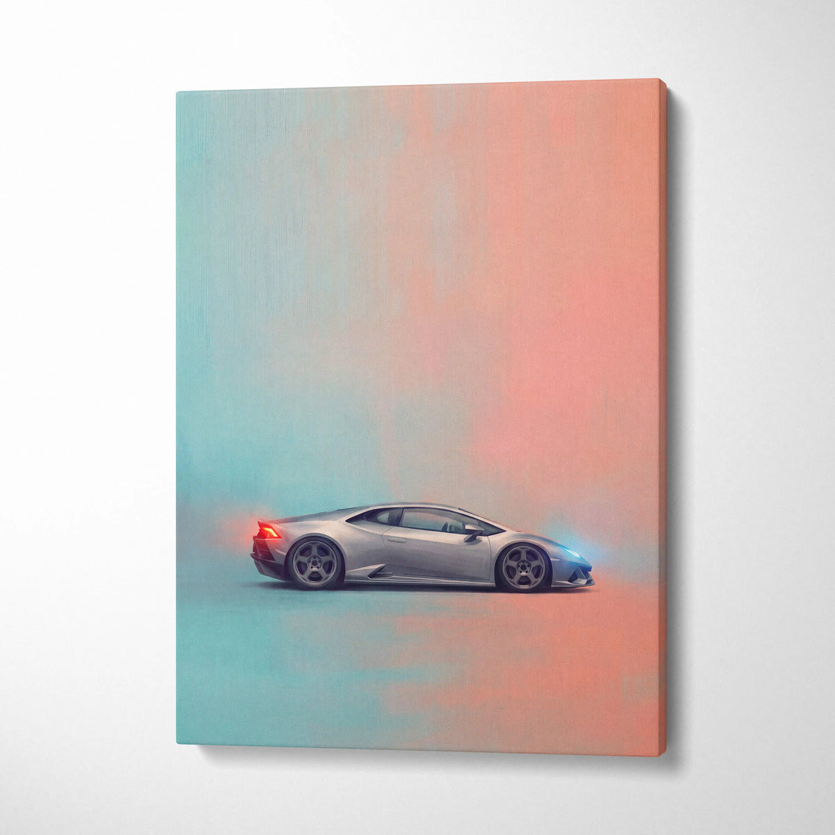 Silver Lamborghini Huracán inspired luxury supercar canvas print featuring sleek aerodynamic design and vibrant gradient background
