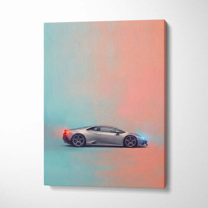 Silver Lamborghini Huracán inspired luxury supercar canvas print featuring sleek aerodynamic design and vibrant gradient background
