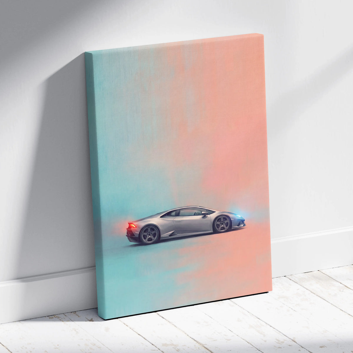 A sleek silver Lamborghini Huracán luxury supercar canvas print with a sporty coupe on a teal and peach background
