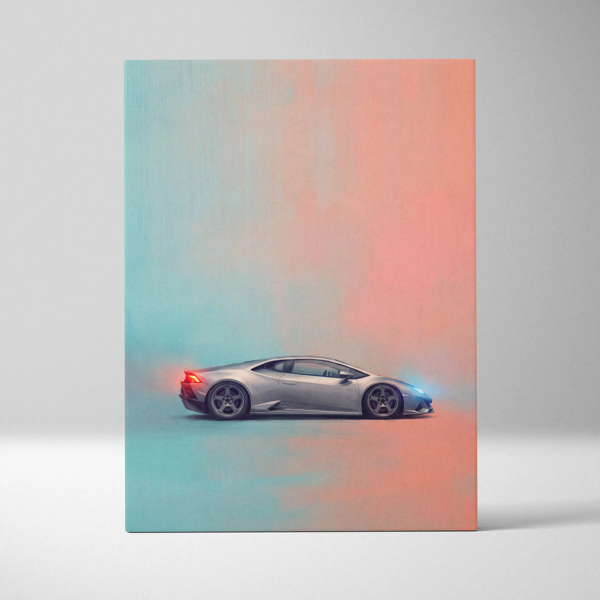 Silver Lamborghini Huracán sports car on a stylized canvas print with gradient teal and coral background wall art