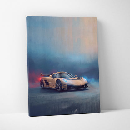 A canvas print featuring a gold koenigsegg jesko hypercar with blue headlights and red flames against a smoky sky