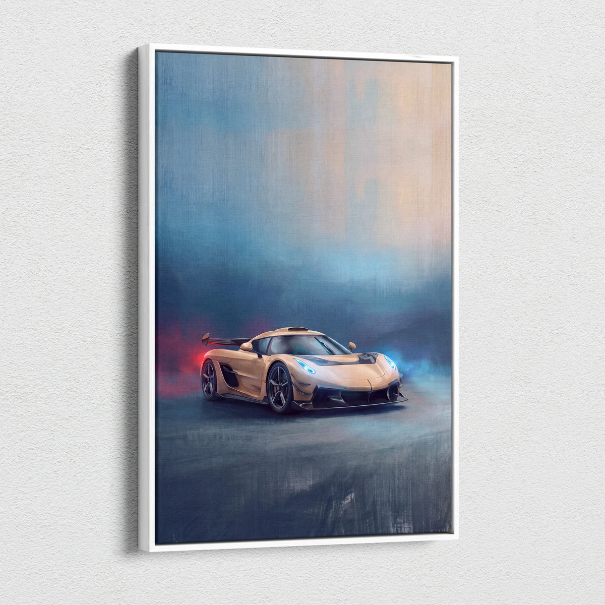 Framed canvas print of a gold koenigsegg jesko hypercar with blue headlights and red exhaust flames on smoky sky background