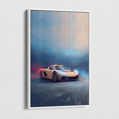 Framed canvas print of a gold koenigsegg jesko hypercar with blue headlights and red exhaust flames on smoky sky background