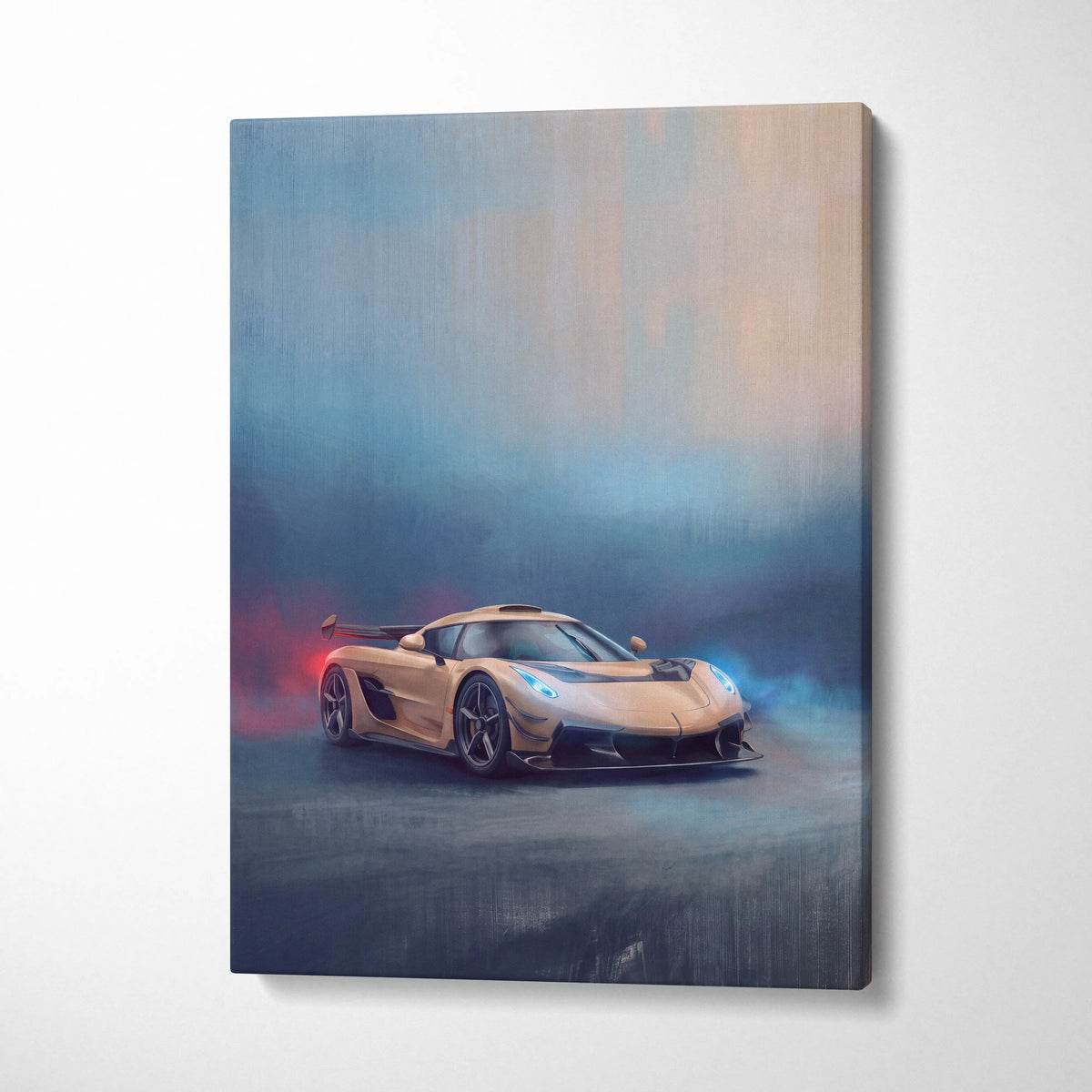 Golden koenigsegg jesko inspired hypercar canvas art with dynamic smoky effect for custom car wall decor